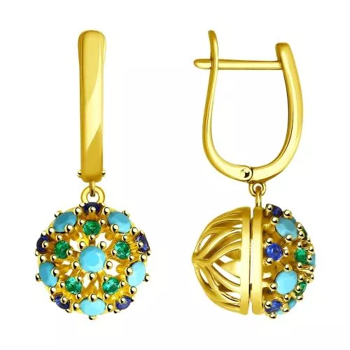 Серьги из золочёного серебра с голубыми ситаллами и фианитами