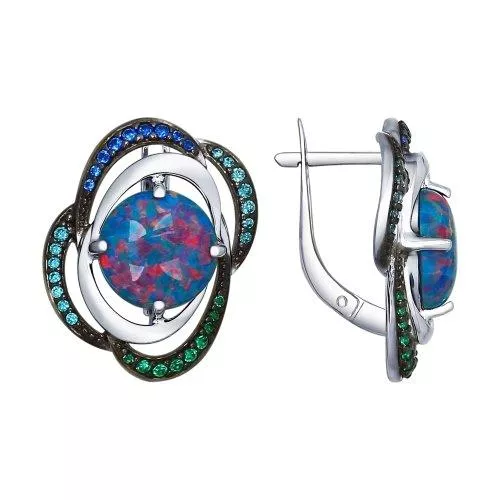 Серьги из серебра с синими опалами и зелеными и синими фианитами