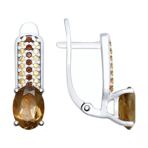 Серьги из серебра с раухтопазами и фианитами