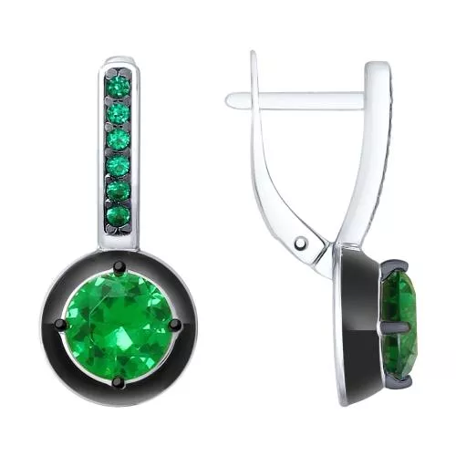 Серьги из серебра с эмалью и зелеными ситаллами и фианитами