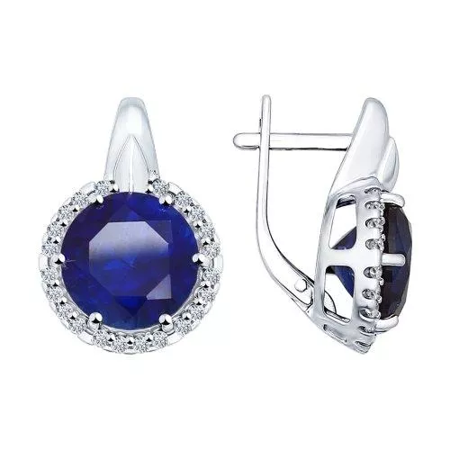 Серьги из серебра с корундами сапфировыми (синт.) и фианитами