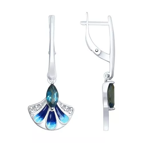 Серьги из серебра с эмалью и синими топазами и фианитами