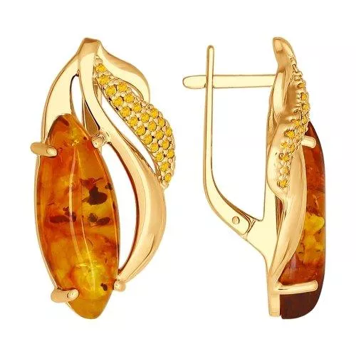 Серьги из золочёного серебра с жёлтыми фианитами и янтарём (пресс.)