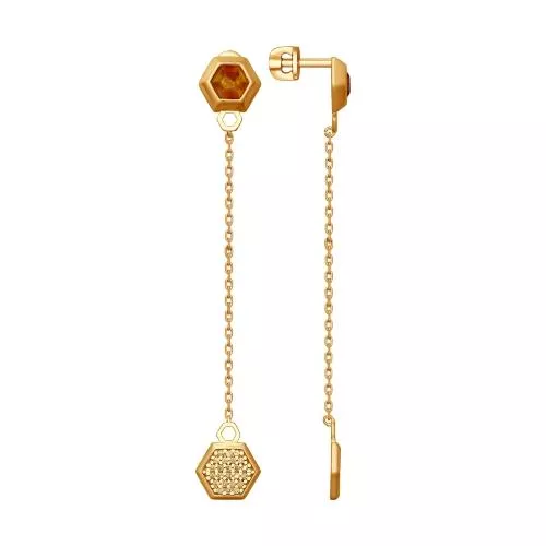 Серьги из золочёного серебра с янтарём и фианитами