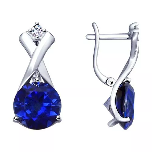 Серьги из серебра с синими корундами (синт.) и фианитами