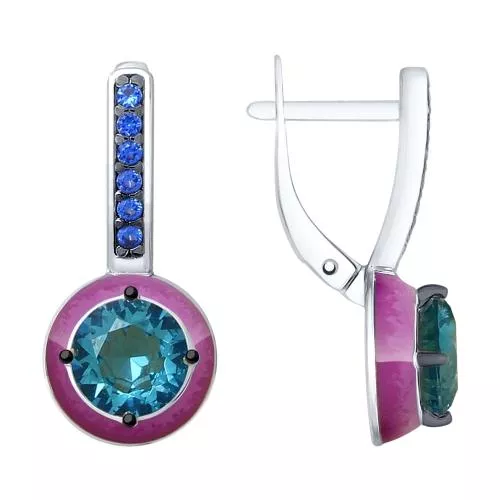 Серьги из серебра с эмалью и синими ситаллами и фианитами