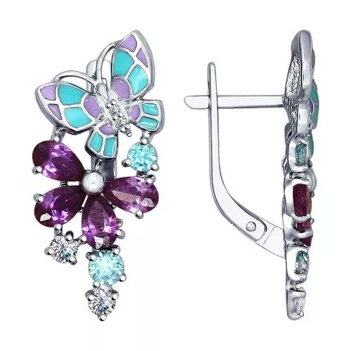 Серьги из серебра с эмалью и фианитами