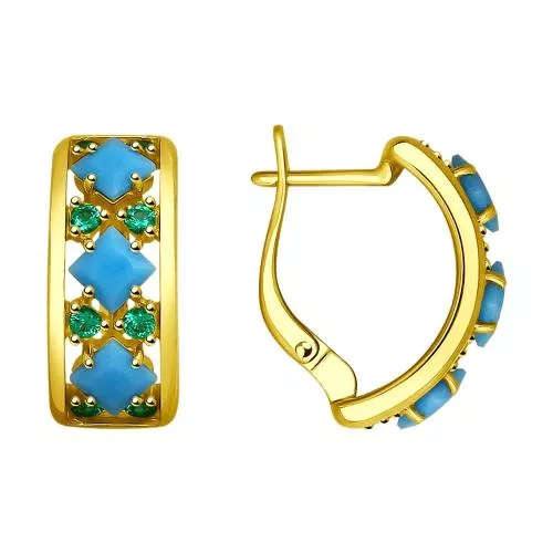 Серьги из золочёного серебра с голубыми ситаллами и фианитами