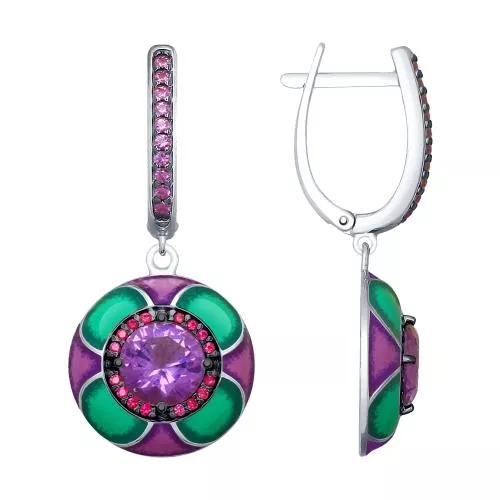 Серьги из серебра с эмалью и сиреневыми ситаллами и фианитами