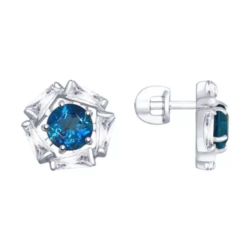 Серьги из серебра с синими топазами и фианитами