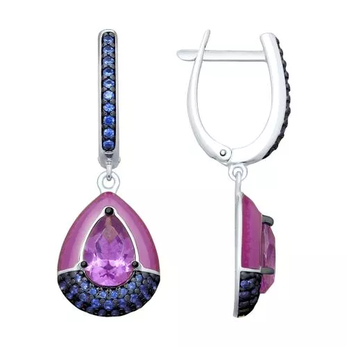 Серьги из серебра с эмалью и сиреневыми ситаллами и фианитами