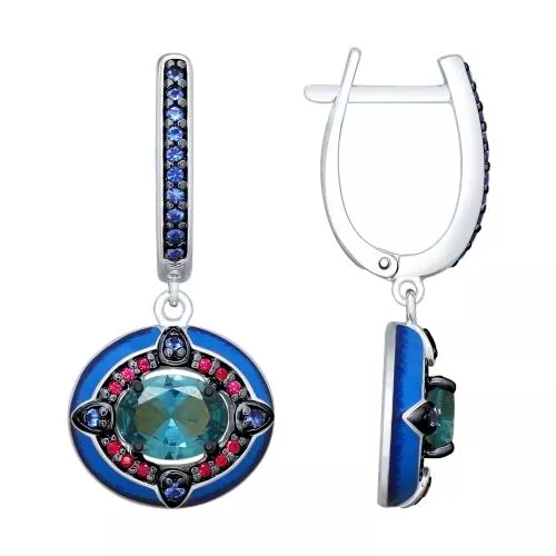 Серьги из серебра с эмалью и синими ситаллами и фианитами