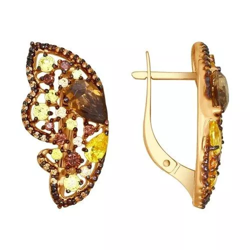 Серьги из золочёного серебра с жёлтыми и коричневыми фианитами
