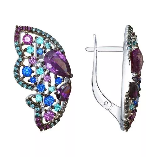 Серьги из серебра с зелеными, синими и сиреневыми фианитами