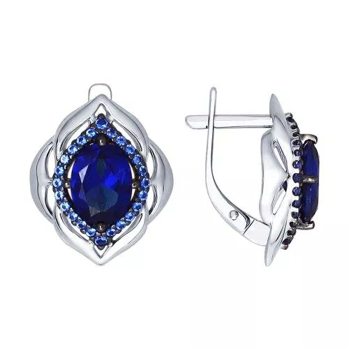 Серьги из серебра с корундами сапфировыми (синт.) и синими фианитами