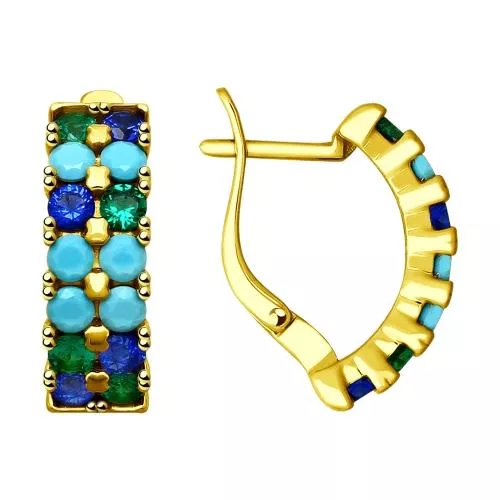 Серьги из золочёного серебра с голубыми ситаллами и фианитами