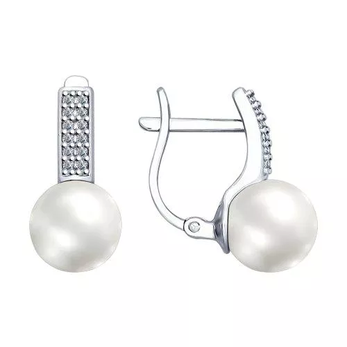 Серьги из серебра с жемчугом и фианитами