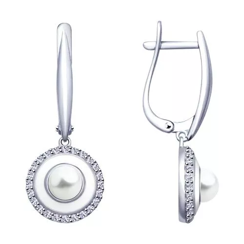 Серьги из серебра с эмалью и жемчугом и фианитами