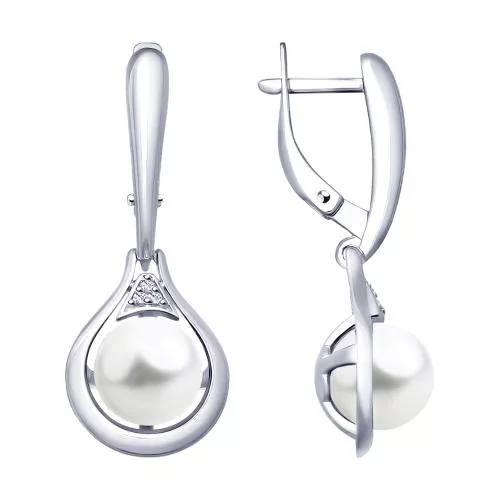 Серьги из серебра с жемчугом Swarovski и фианитами