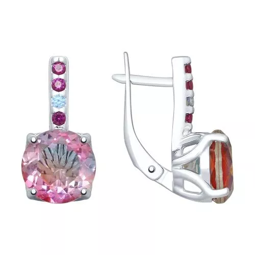 Серьги из серебра с ситаллами и голубыми и сиреневыми фианитами