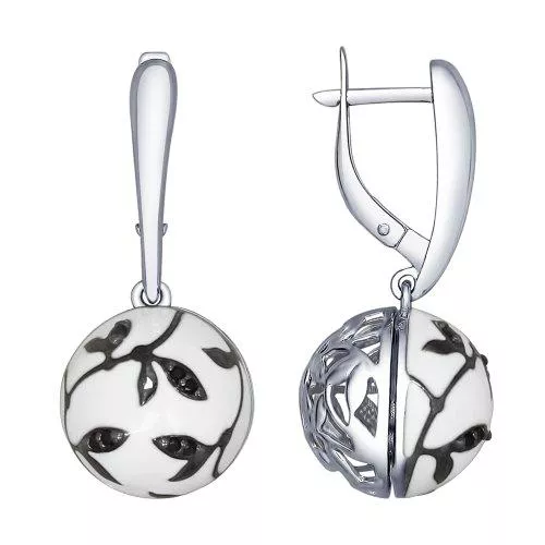 Серьги из серебра с эмалью с чёрными фианитами