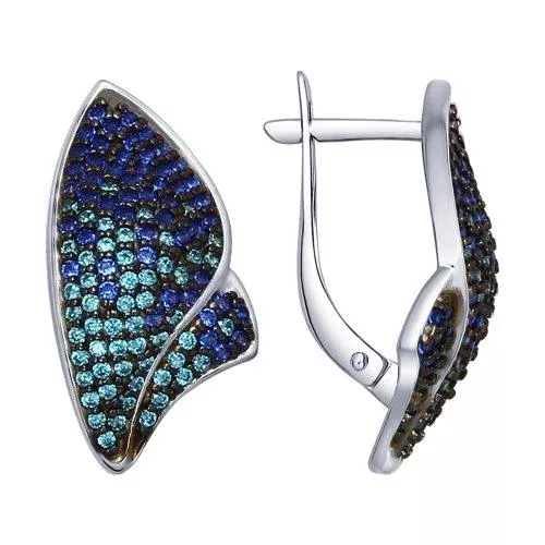 Серьги из серебра с зелеными и синими фианитами