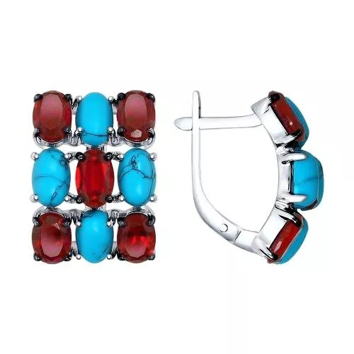 Серьги из серебра с бирюзой (синт.) и красными фианитами