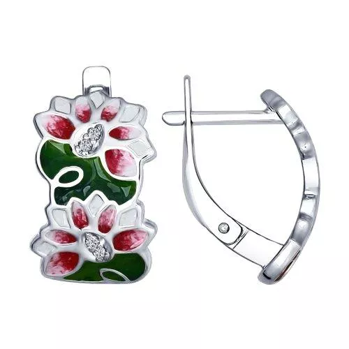 Серьги из серебра с эмалью с фианитами