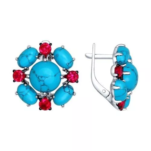 Серьги из серебра с бирюзой (синт.) и красными фианитами