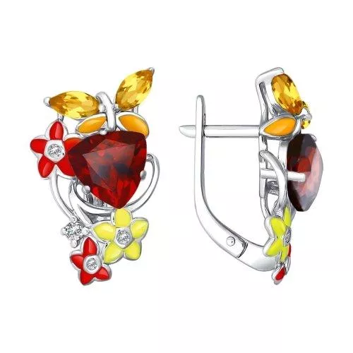 Серьги из серебра с эмалью с миксом камней