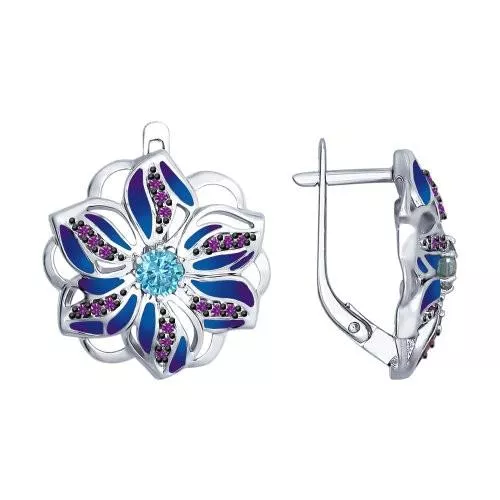 Серьги из серебра с зелеными и сиреневыми фианитами