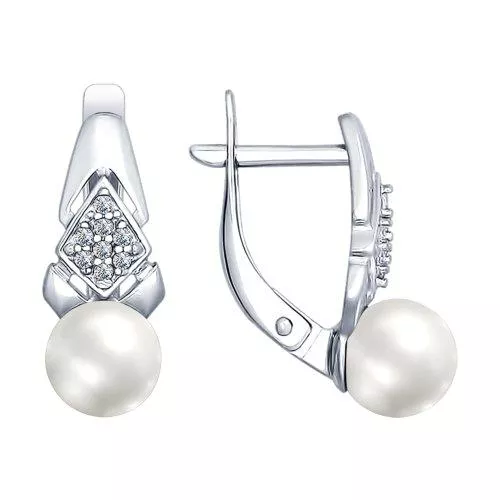 Серьги из серебра с жемчугом и фианитами