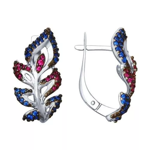 Серьги из серебра с красными и синими фианитами