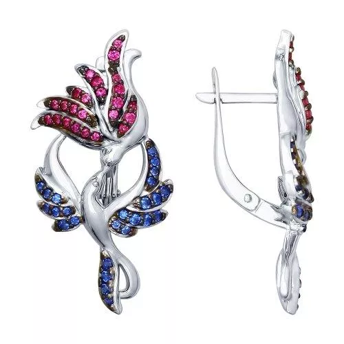 Серьги из серебра с красными и синими фианитами