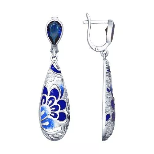 Серьги из серебра с эмалью с синими фианитами