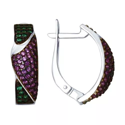 Серьги из серебра с зелеными и сиреневыми фианитами