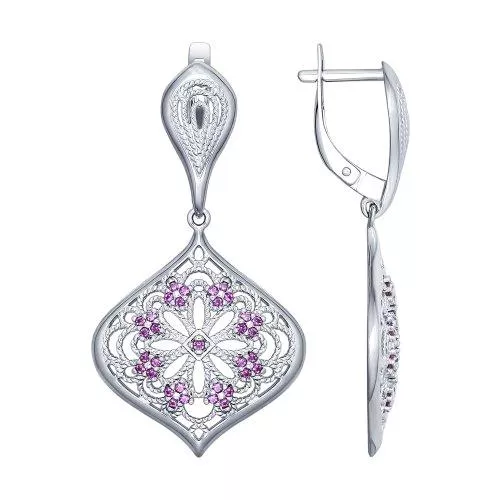 Серьги длинные из серебра с сиреневыми фианитами