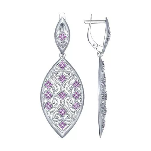 Серьги длинные из серебра с сиреневыми фианитами