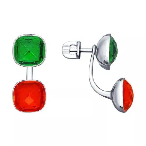 Серьги-пусеты из серебра с зелёными и оранжевыми кристаллами Swarovski