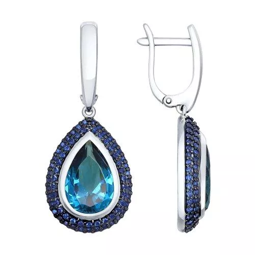 Серьги из серебра с синими ситаллами и синими фианитами