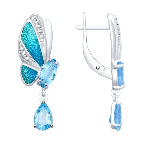 Серьги из серебра с эмалью и топазами и фианитами