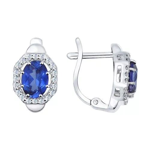Серьги из серебра с корундами сапфировыми (синт.) и фианитами
