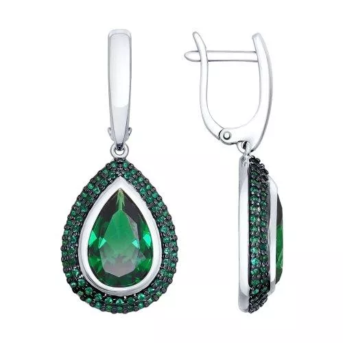 Серьги из серебра с зелёными ситаллами и  фианитами
