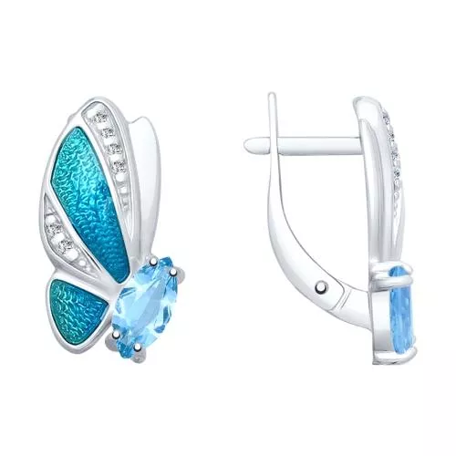 Серьги из серебра с эмалью и топазами и фианитами