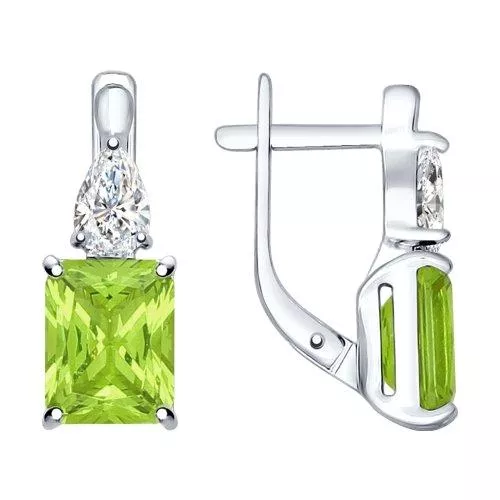 Серьги из серебра с зелеными ситаллами и фианитами