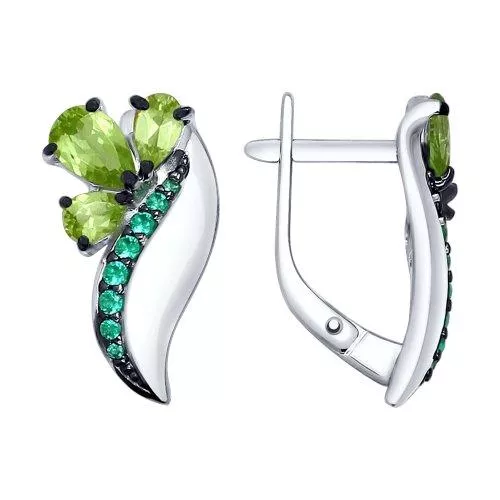 Серьги из серебра с хризолитами и зелеными фианитами