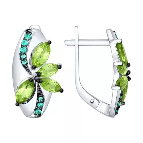 Серьги из серебра с хризолитами и зелеными фианитами