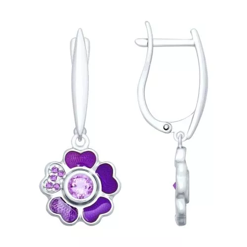 Серьги из серебра «Цветок» с аметистами и эмалью