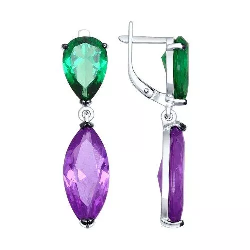 Серьги длинные из серебра с сиреневыми и зелеными ситаллами