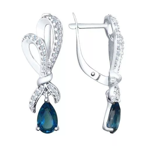 Серьги из серебра с синими топазами и фианитами